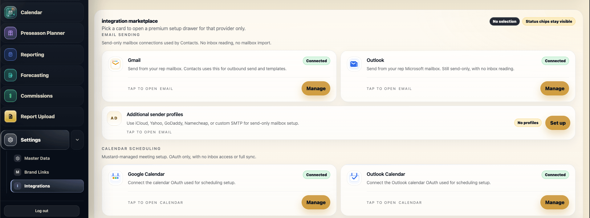 Mustard Integrations screen showing optional agency data sources